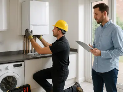 Heating engineer installing a new combi boiler while a homeowner reviews the installation cost quote.