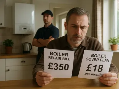 Homeowner comparing a boiler repair bill with a monthly boiler cover plan at the kitchen table.