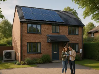 Modern UK eco home with solar panels, heat pump, and EV charger symbolising green mortgages and loans for sustainable living.