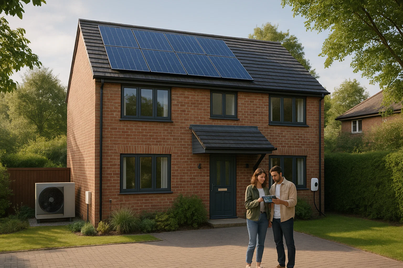 Modern UK eco home with solar panels, heat pump, and EV charger symbolising green mortgages and loans for sustainable living.